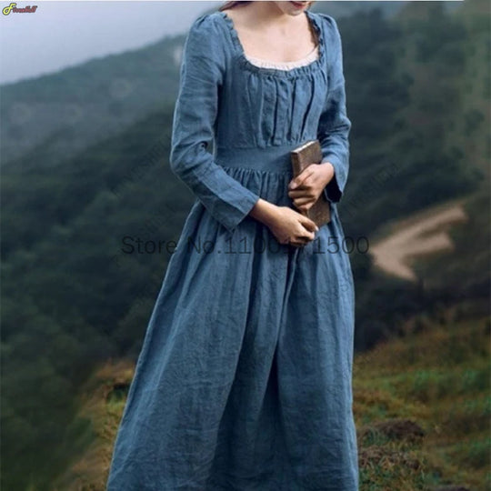 Women Medieval Victorian Retro Dress Square Collar Long Sleeves High