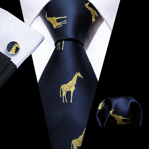 Men Tie Gold Navy Blue Striped Silk Tie 3.4" Jacquard Party