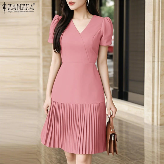 Elegant Pleated Dresses Women Summer Dress V Neck Puff Sleeve Party Vestidos Stylish Solid OL Work Sundress