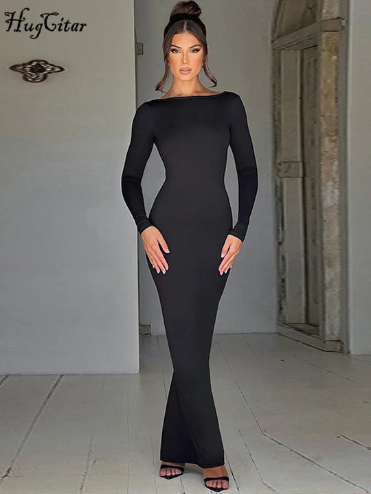 Hugcitar Spring Elegant Long Sleeve Backless Solid Cuched Sexy Bodycon
