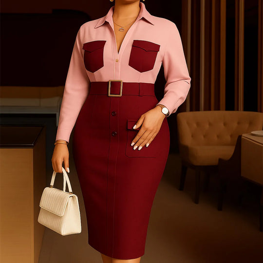 Elegant Church Dresses Long Sleeves Turn Down Collar Women Color Block Patchwork Office Ladies Work Business Autumn African New