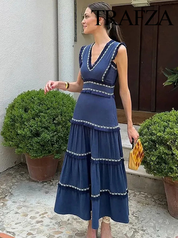 TRAFZA Summer Fashion Women Dresses V-Neck Sleeveless Back Zipper Lace