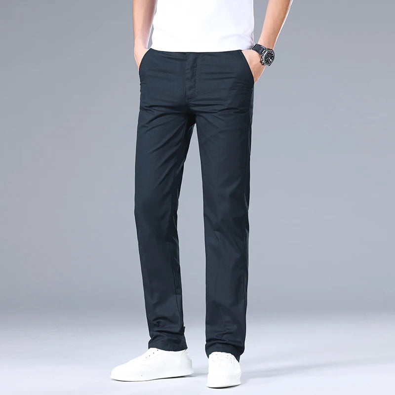 Top Quality 100% Cotton New Brand Casual Fashion Business Long Pants Straight High Waist Regular Fit Trousers Men's Clothing