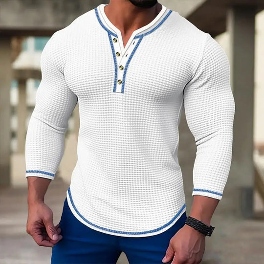 New Men's Waffle Solid color T-shirt Long sleeve V-cardigan Henry Neck