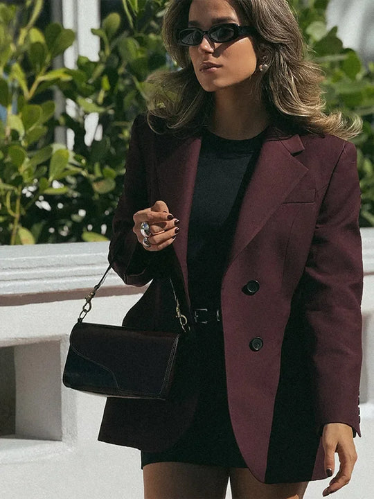 Fashion Casual Burgundy Red Women Slim Blazer Jackets Elegant Lapel