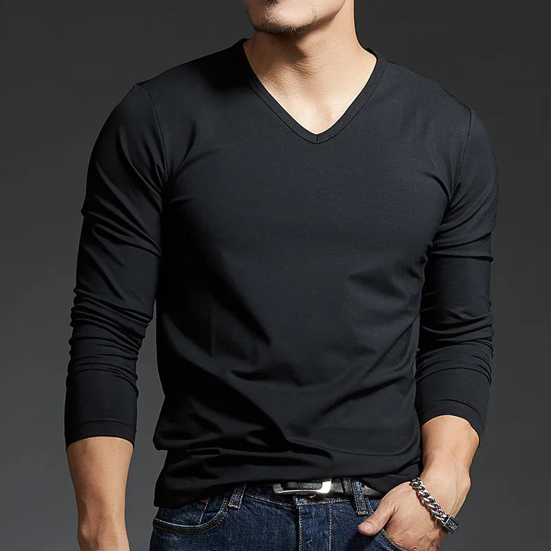 Men Bottoming Shirt Plus Size V-Neck Long Sleeve T-Shirt Slim Base