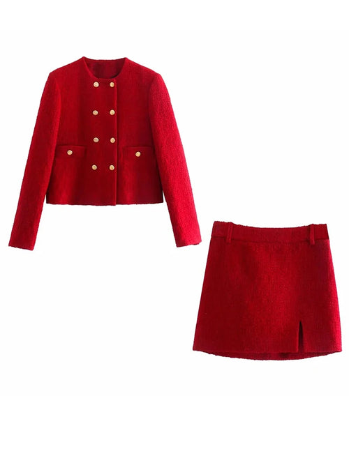 xikom 2021 Tweed Two pieces set Women red Vintage O Neck Long Sleeve