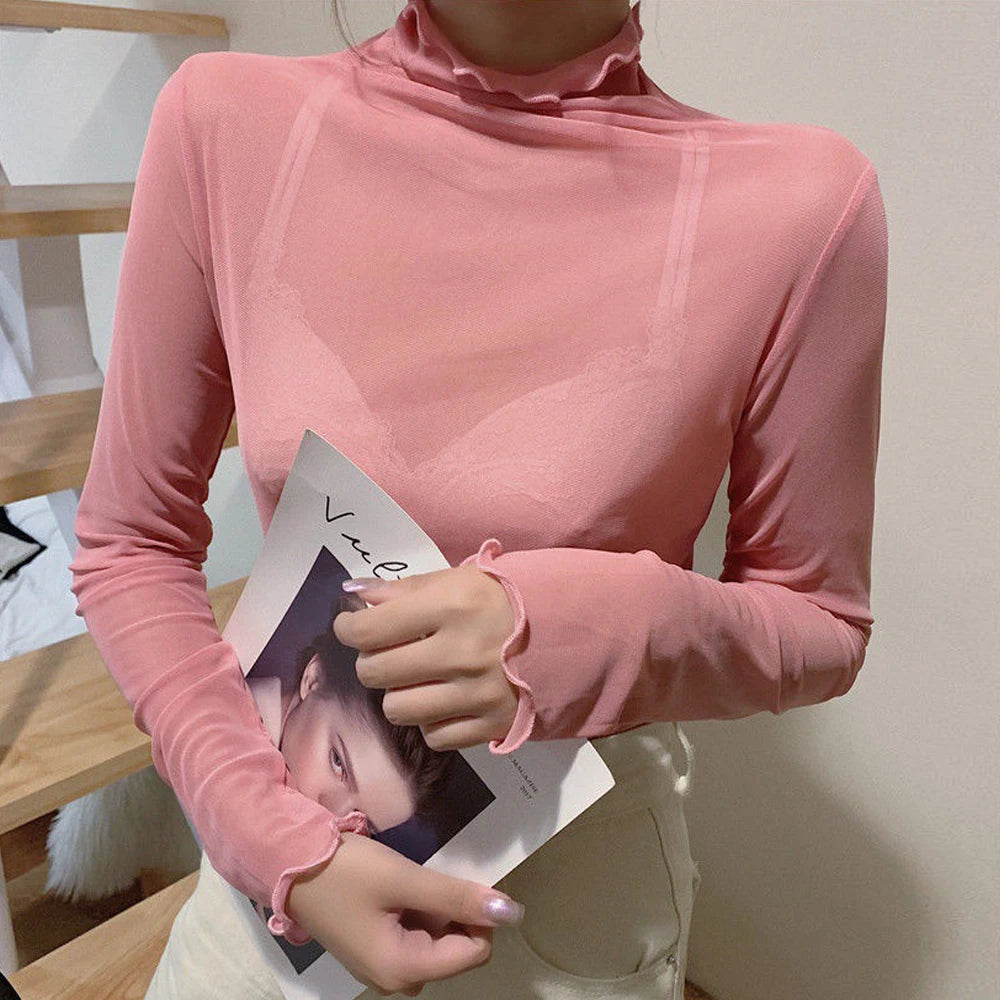 Sexy Women T Shirt See Through Transparent Tops Long Sleeve Ladies