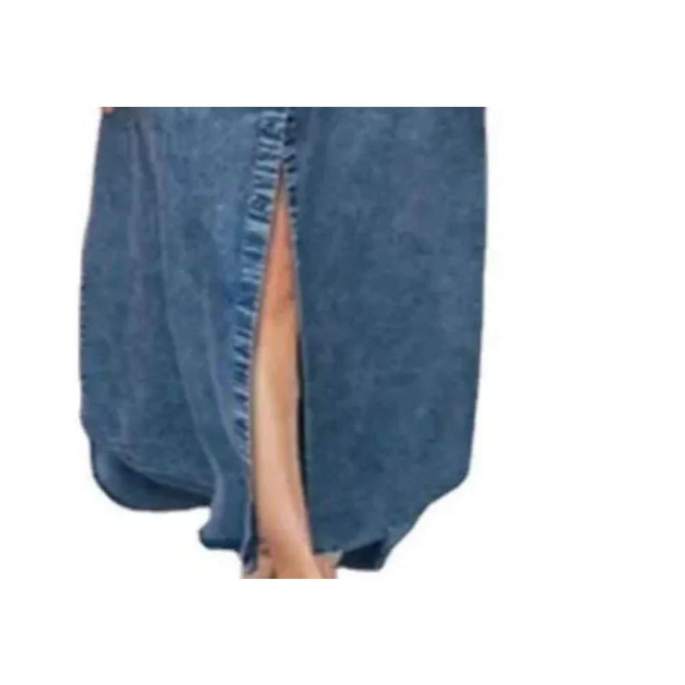 Summer Women's L-5XL Plus Size Loose Solid Color Casual Denim Long Dress Fashionable Flip Collar Button Long Sleeve Pocket Denim