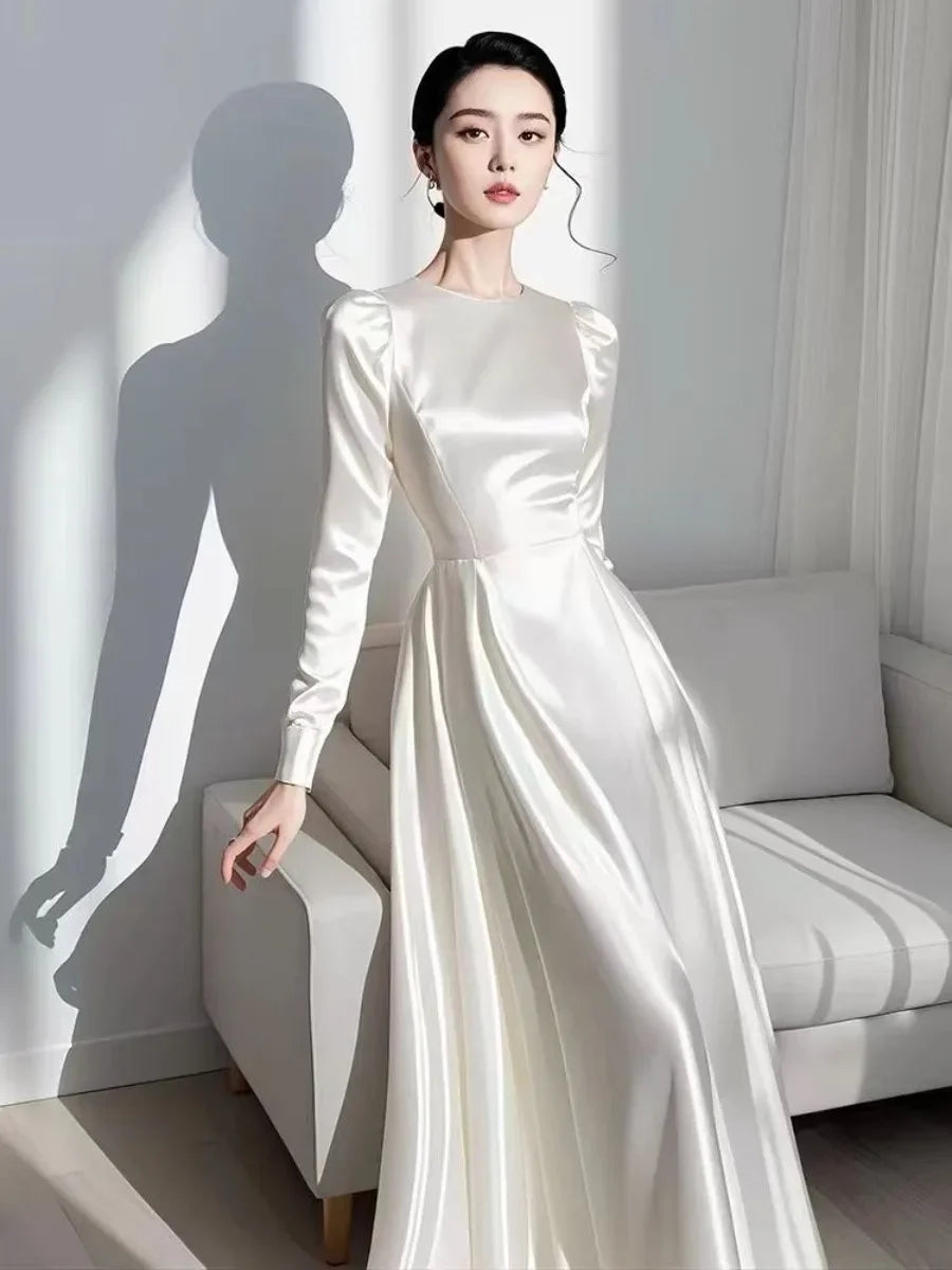 2024 Autumn Elegant Satin Women's Long Sleeve Dress Round Neck White