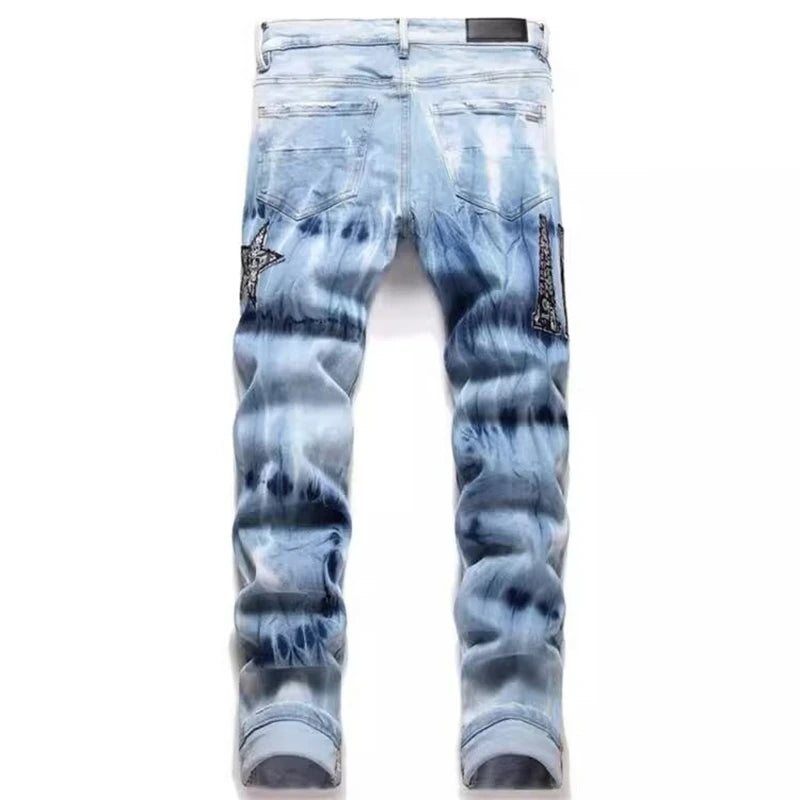 Y2K Star Embroidery Broken Hole Jeans Tie Dyed  Light Blue Cotton