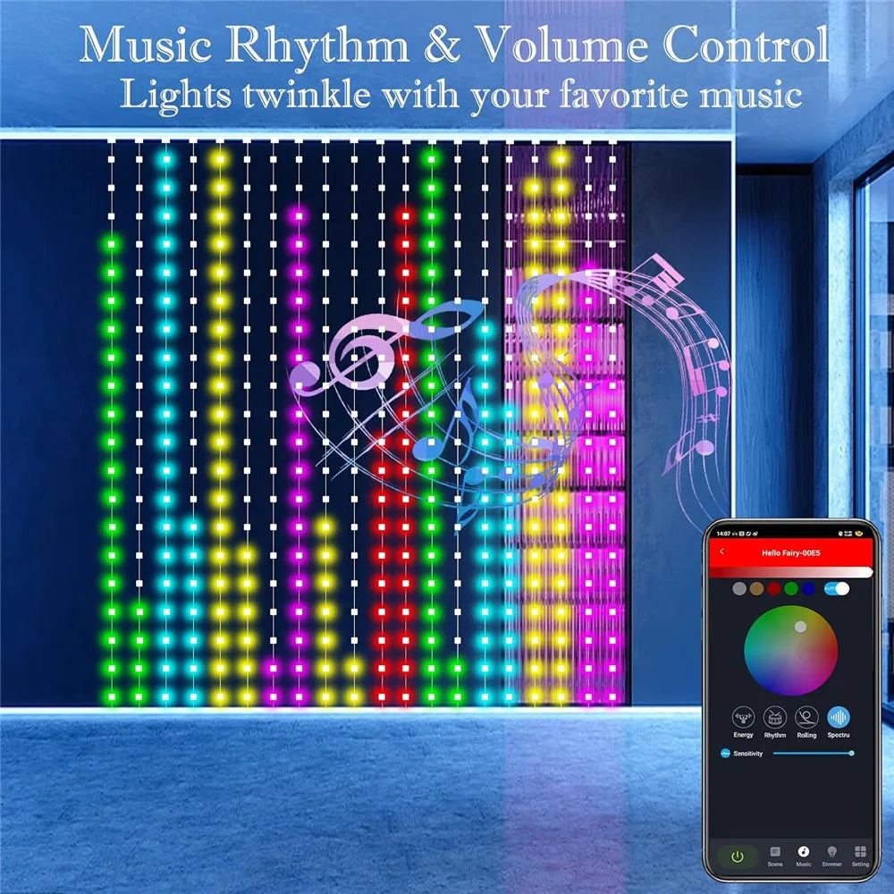 400-800 LED RGB Smart Curtain Lights with Music,App Controls and Remote,LED Party Lights for Wedding/Valentine's Day/Birthday