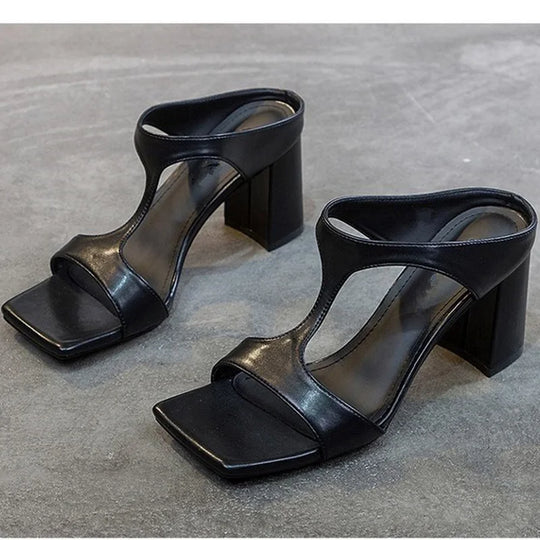 Women's High Heel Shoes 2022 Spring New Slippers Fashion Versatile Solid Color Medium Heel Thick Heel Square Toe Sandals Women