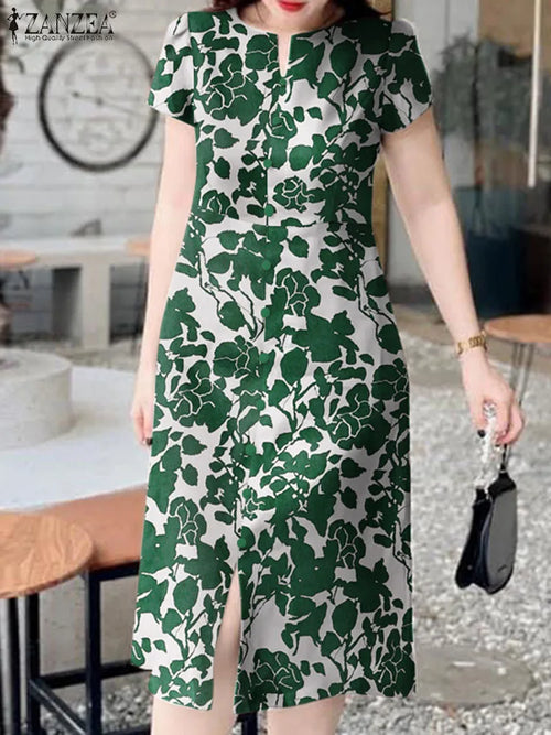 ZANZEA 2024 Summer Women Holiday Midi Dress Fashion Floral Print