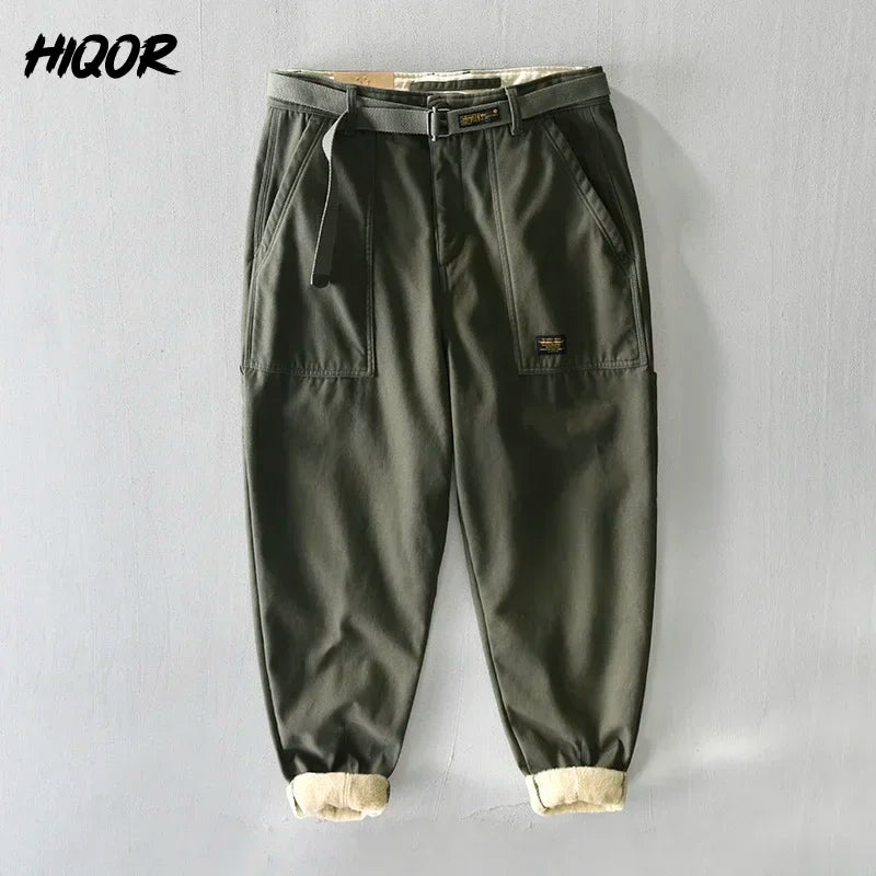 HIQOR Winter Cargo Pants Men Warm Thicken Outdoor Trousers Loose
