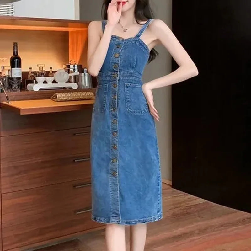 Denim Dress Women 2023 Summer New Retro Casual All-match Denim Slip