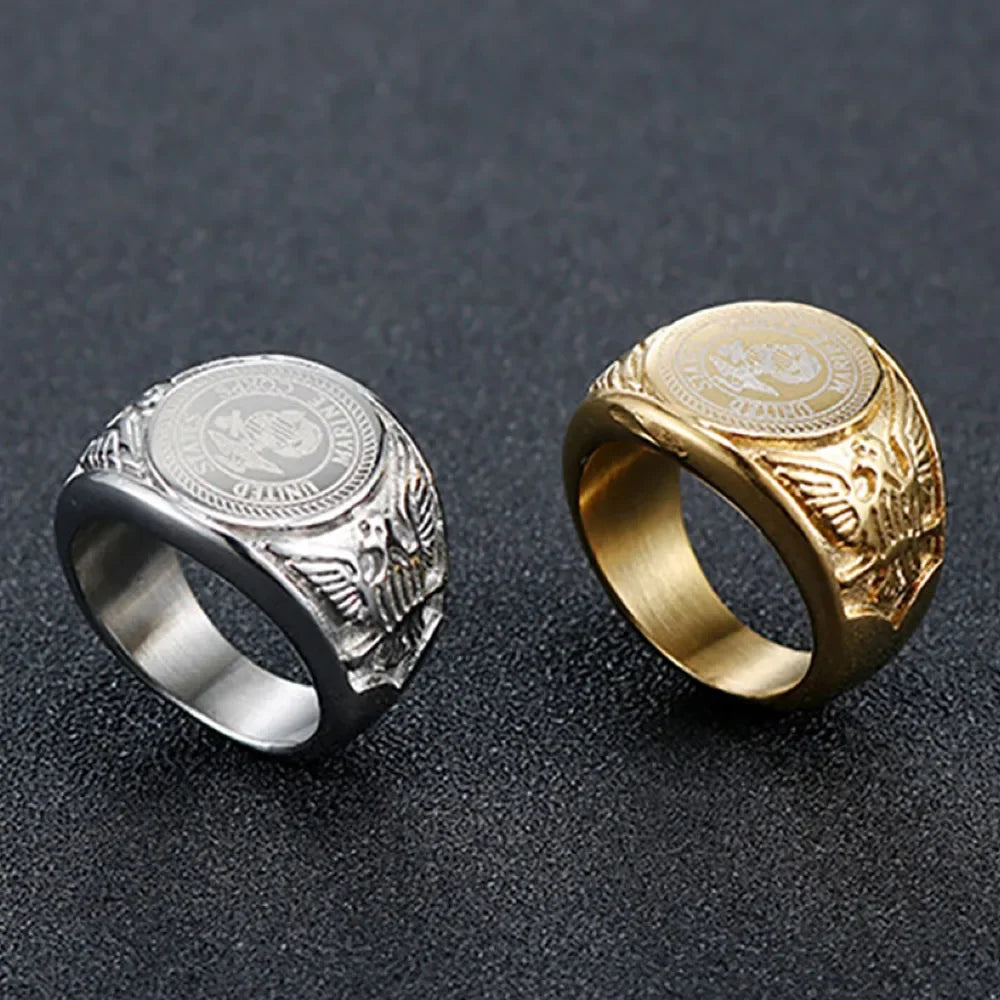 Size 8/9/10/11/12/13 Stainless Steel Gold Silver Color Men Badge Eagle 3D Relief Pattern Waterproof Rust Proof Finger Jewelry