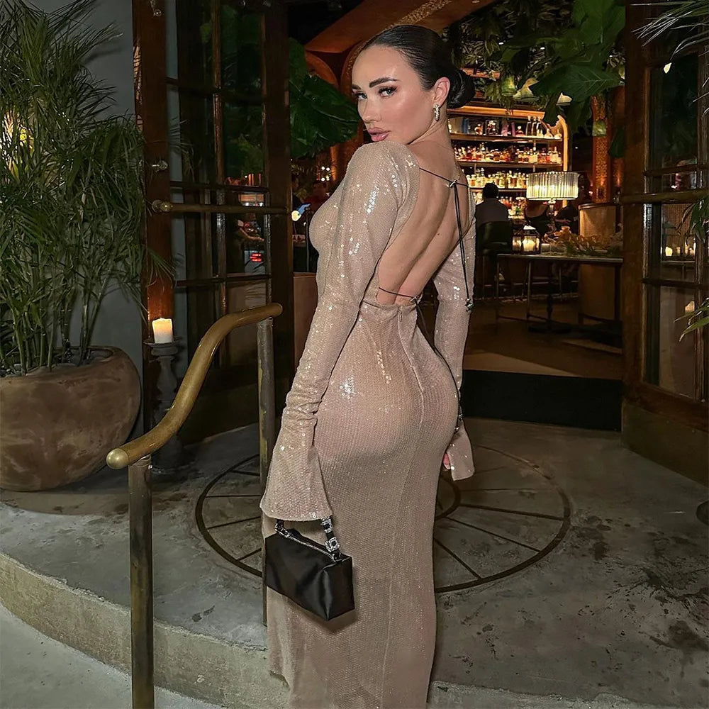 Elegant Lace Up Deep V Bandage Dress Long Sleeves Ankle Length Party