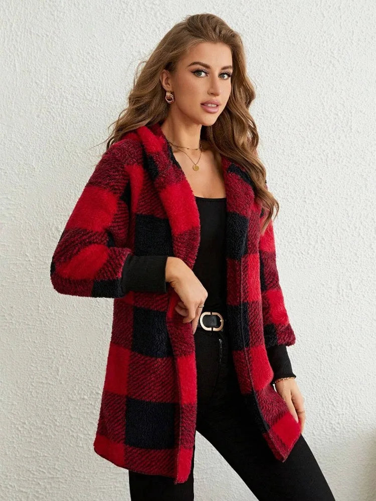 Elegant Plaid Flannel Jacket Coat Women Autumn Winter Fashion Long Sleeve Cardigan Coats Casual Loose Jackets Ladies