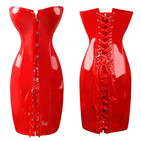 Hot Black/Red Long PVC Leather Corset Dress Sexy Women Gothic Waist