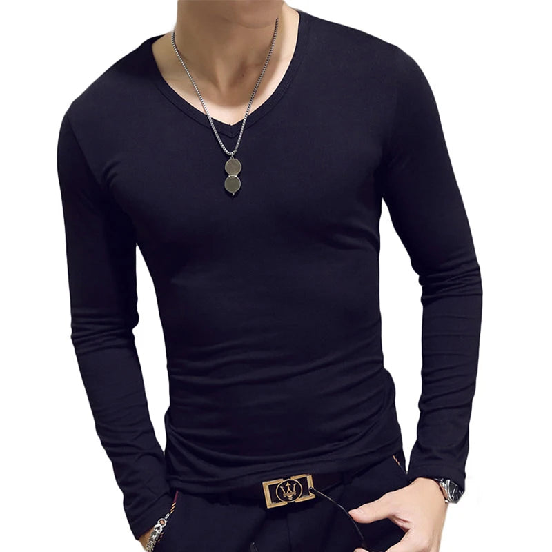 White Solid Color Basic Slim Men T-shirt Spring Autumn Bottoming Shirt