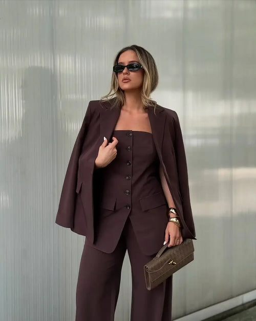 Women Brown Blazer Coat Pant Sets Chic Lapel Long Sleeve Jacket Slim