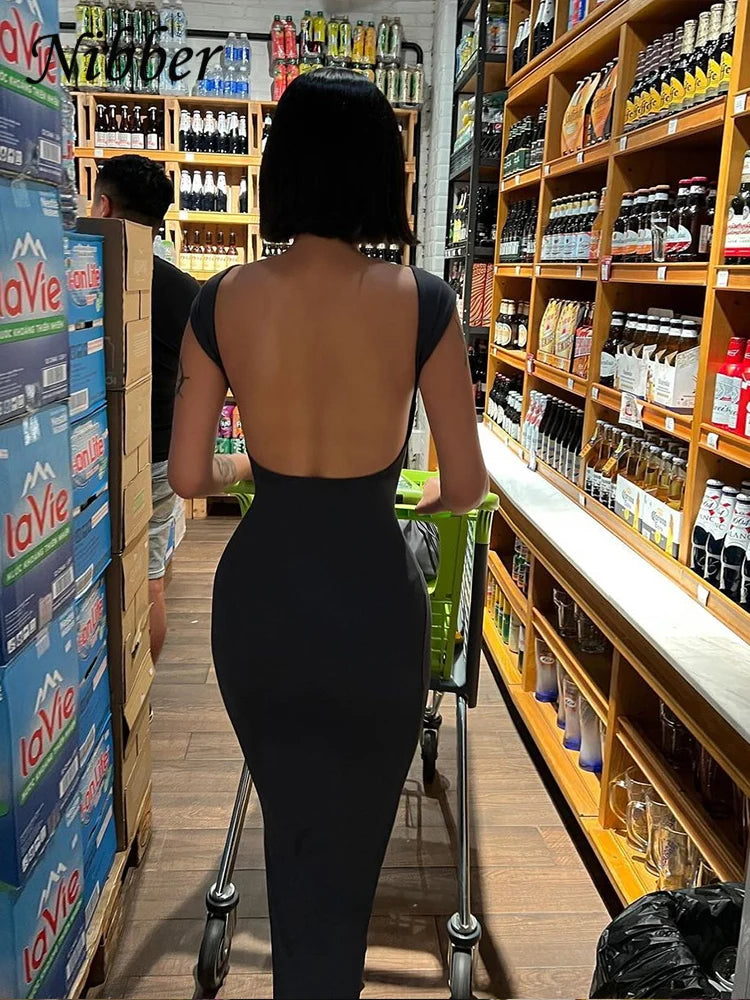 Nibber Solid Sexy Backless Maxi Dress Women Elegant Elastic Slim Short