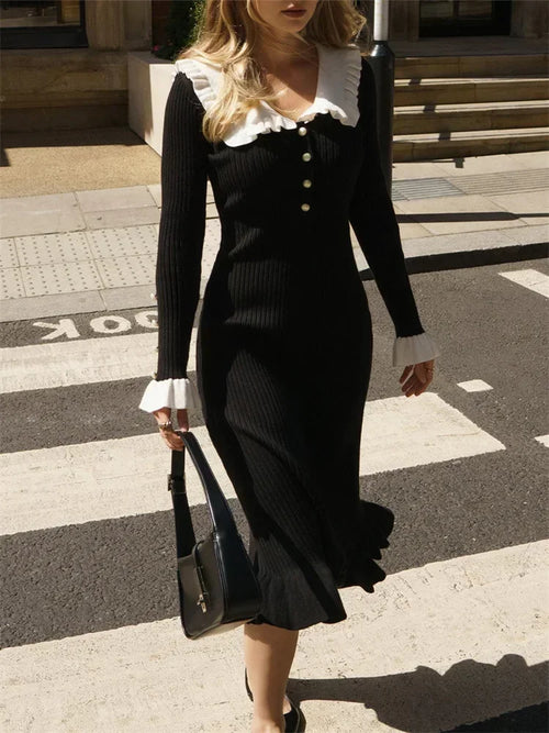 Tossy Ruffled Patchwork Knit Maxi Dress For Women Elegant Ribbed Long