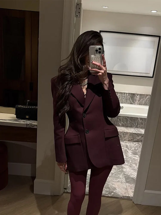 Fashion Casual Burgundy Red Women Slim Blazer Jackets Elegant Lapel