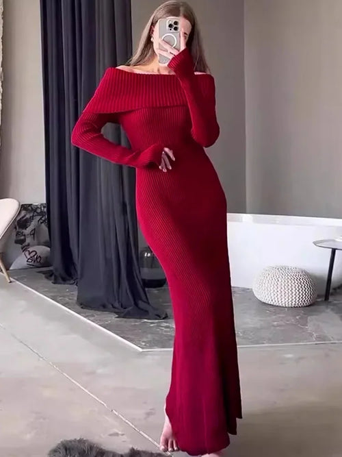 Tossy Fashion Knit Long Dress Off-Shoulder Female Ribbed Loose High