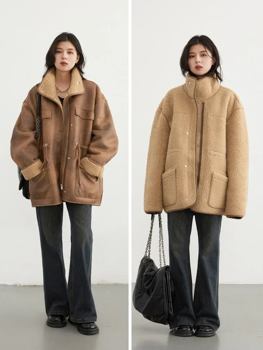 CHIC VEN Women's Jackets Thick Warm Solid Suede Reversible Jacket