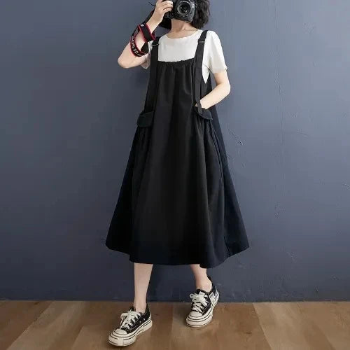 Female Dress Summer Mid-Length Loose Solid Color Pocket Swing Chic Casual Straps Dresses New Women Dress Vestidos Selling