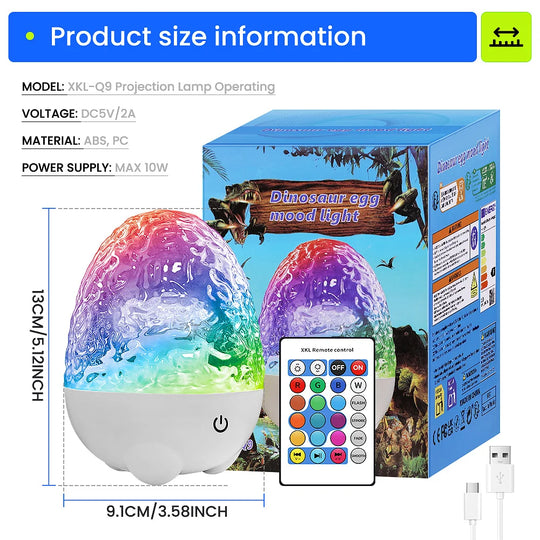 Dynamic Rotating Dinosaur Egg Mood Night Light, 13 Color Changing, USB Rechargeable Projector Lamp with Touch & Remote for Room