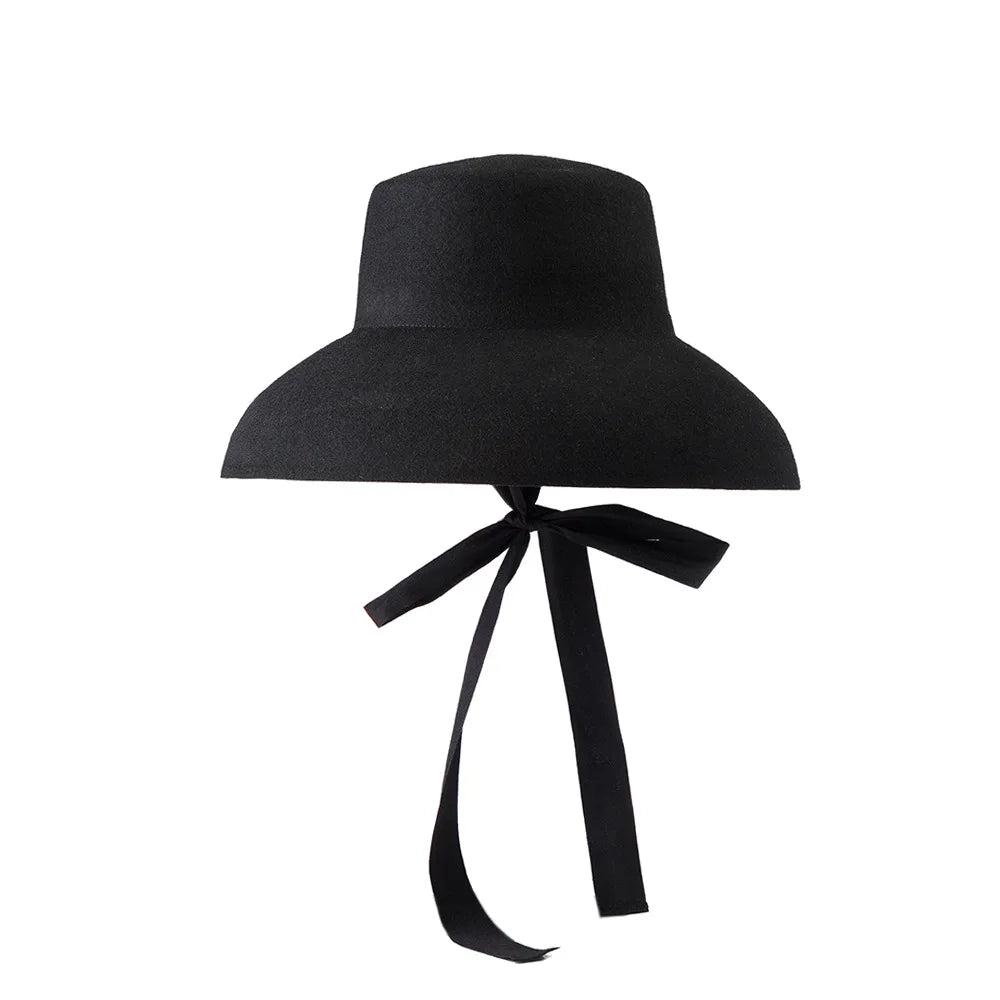 Vintage Elegant Autumn Winter Wool Felt Fedora Hat for Women Flat Top Wide Downturned Brim Hat with Tie Band Church Hat