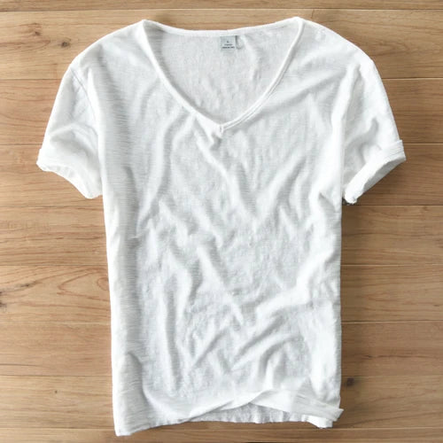 Summer T Shirt Men 100% Cotton Short Sleeve Tshirt V-neck Tops&Tee