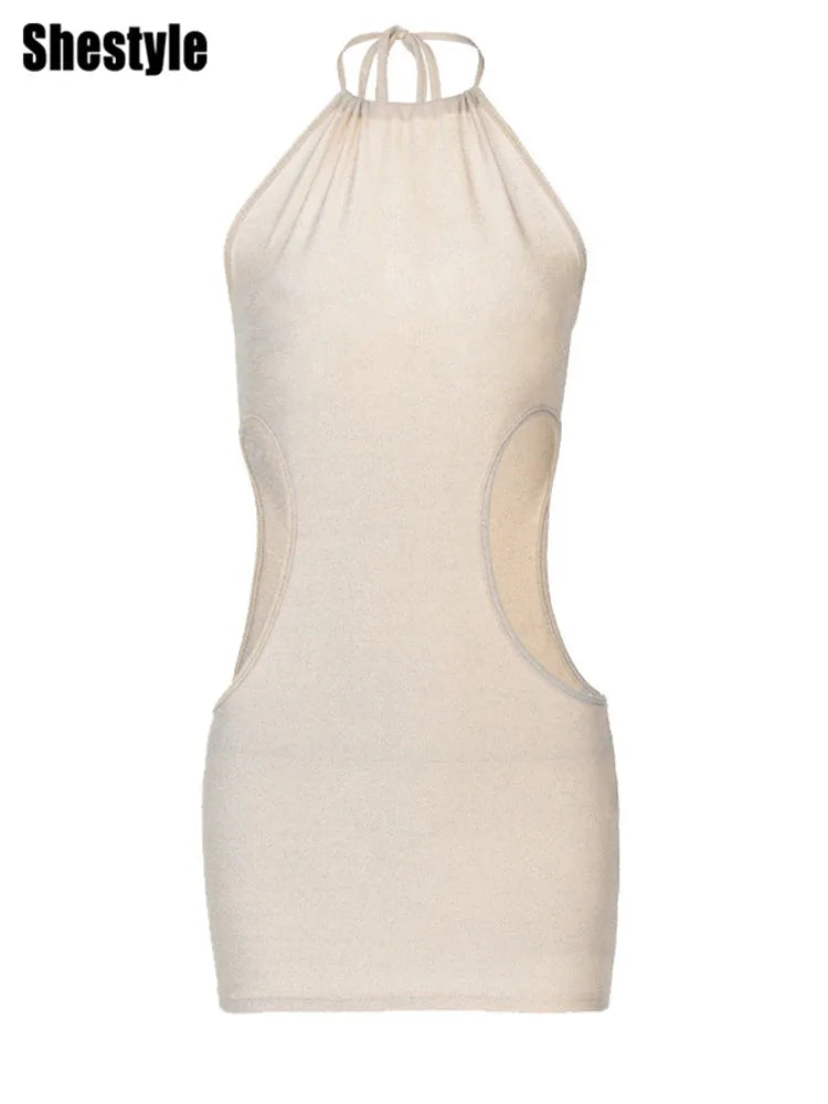 Shestyle Sparkle Halter Sexy Dress Women Sheath Hollow Out Nude