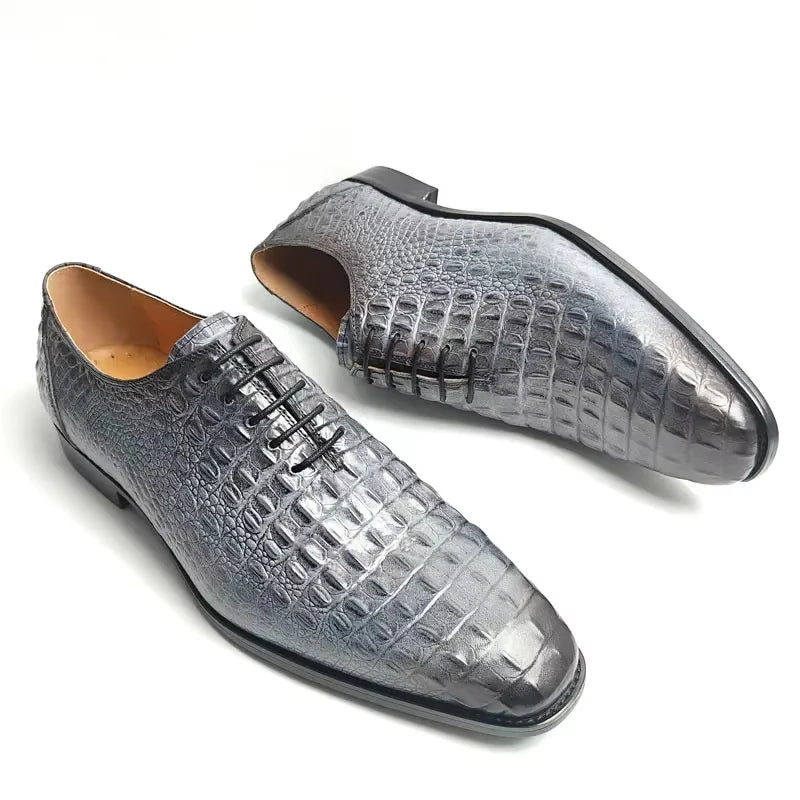 Deluxe Leather Shoes Crocodile Pattern Lace Up Wedding Shoes for Men Business Casual Leather Shoes Round Toe Height Increasing