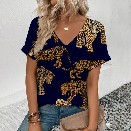 Summer clothing V-neck sexy leopard print T-shirt animal pattern