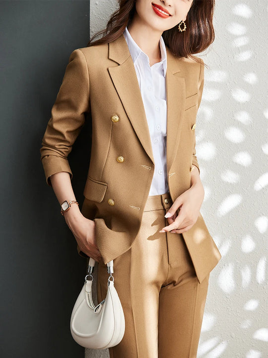 Autumn Winter Women Vest Blazer and Pant Suit Orange Navy Khaki Office