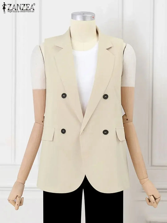 ZANZEA Vintage OL Casual Lapel Blazer Fashion Sleeveless Blazer Vest