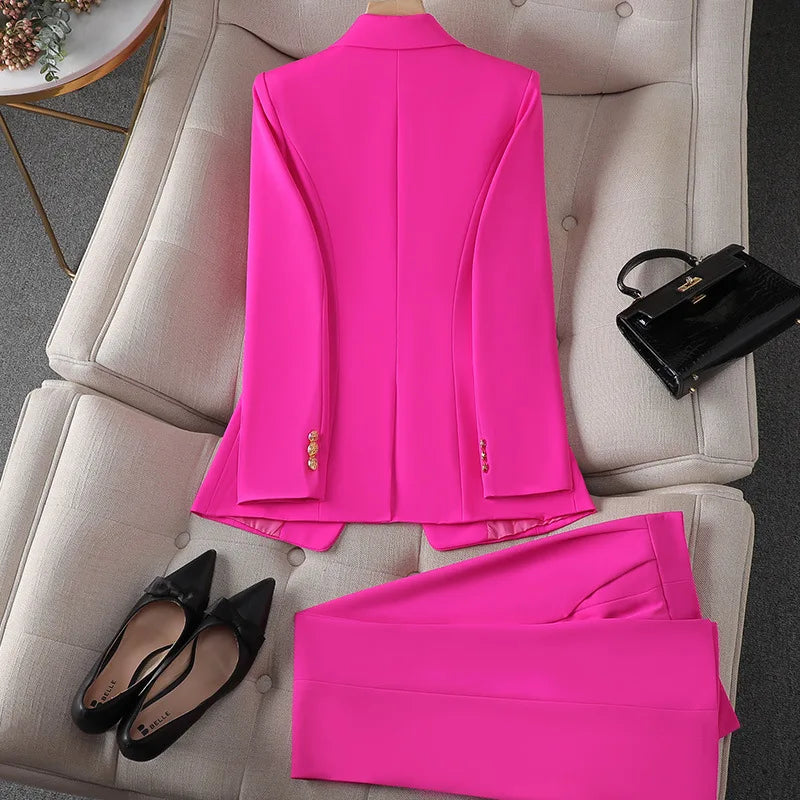 Fashion Office Ladies Formal Pant Suit Set Women Blue Pink Yellow