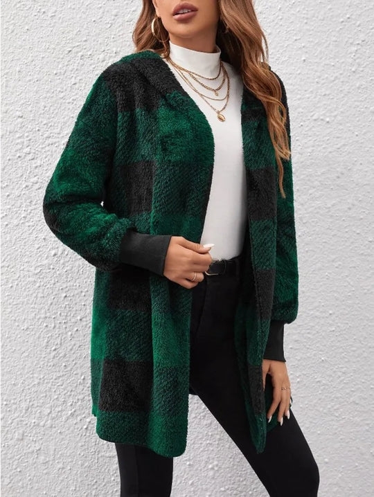 Elegant Plaid Flannel Jacket Coat Women Autumn Winter Fashion Long Sleeve Cardigan Coats Casual Loose Jackets Ladies