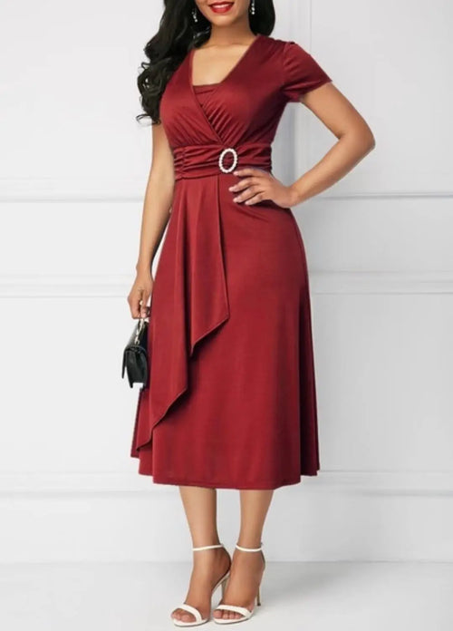 Summer Dresses Elegant Women Solid Color Short Sleeve V Neck