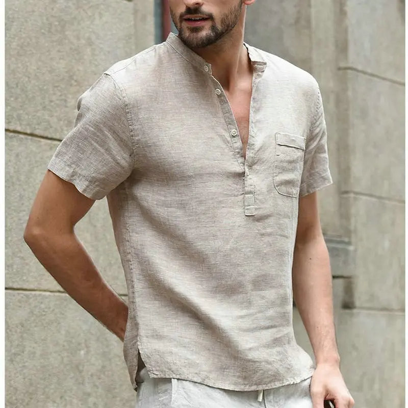 High Quality New Men'S Linen V Neck Bandage T Shirts Male Solid Color