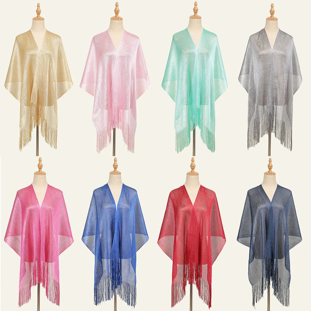 Shiny Bright Silk Scarf Women Evening Dress Shawl Tassel Gold Silver
