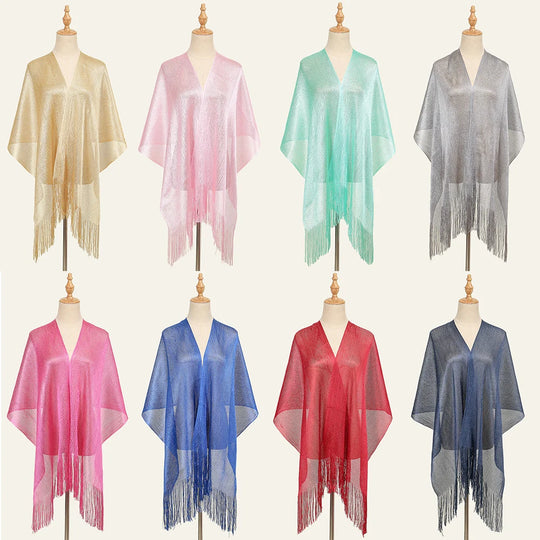 Shiny Bright Silk Scarf Women Evening Dress Shawl Tassel Gold Silver