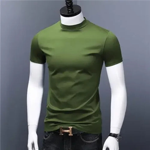 Men's Casual Turtleneck T-Shirts Short Sleeve Solid Slim Fit Silk High