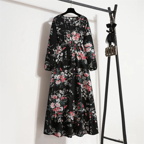Spring Summer Women Maxi Dresses Casual Full Sleeve Floral Printed