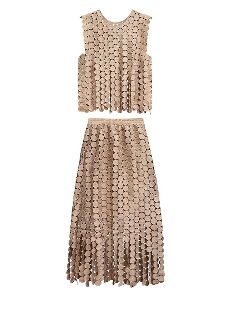 Khaki Hollow Out Tassels T-shirt Half-body Skirt Two Pieces Suit New Round Neck Women Fashion Spring Summer