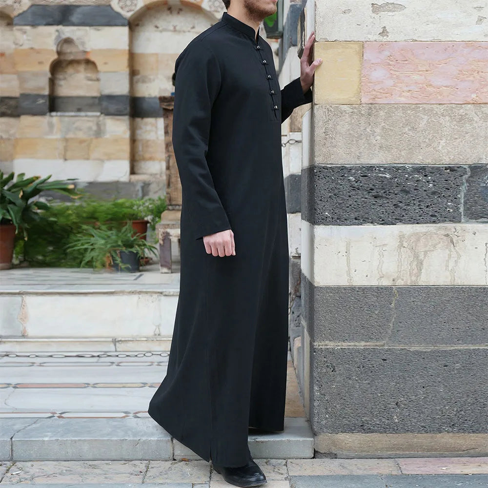 Spring Summer Fashion Style Muslim Men Long Sleeve Black Long Jubba Thobe  Muslim Men Clothing